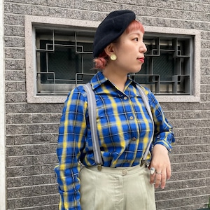 VINTAGE "southern belle" blue yellow check blouse