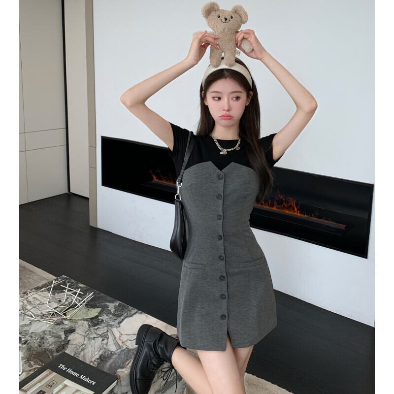 スタンダードウェストスカート ラウンドネックブラックTシャツ レトロ 大人ガーリー スウィート キュート カジュアル Oネック ガールズファッション1256526326