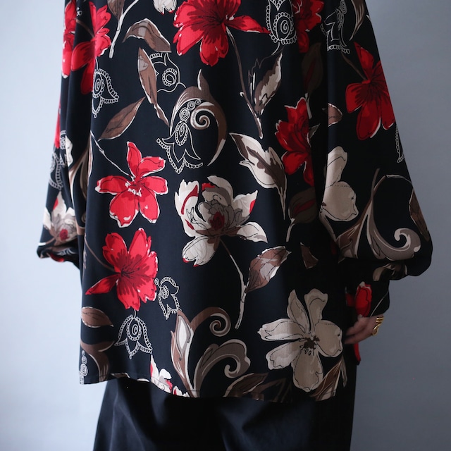 beautiful flower art pattern loose box silhouette open collar shirt