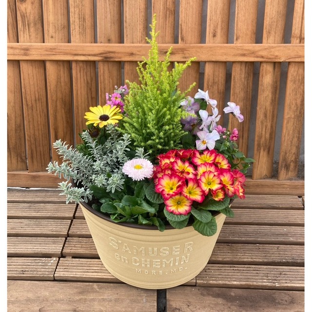 季節の寄せ植え ヴィンテージ 樹脂プランター（イエロー） 7～8苗 内径25cm  母の日 誕生日 新築祝い