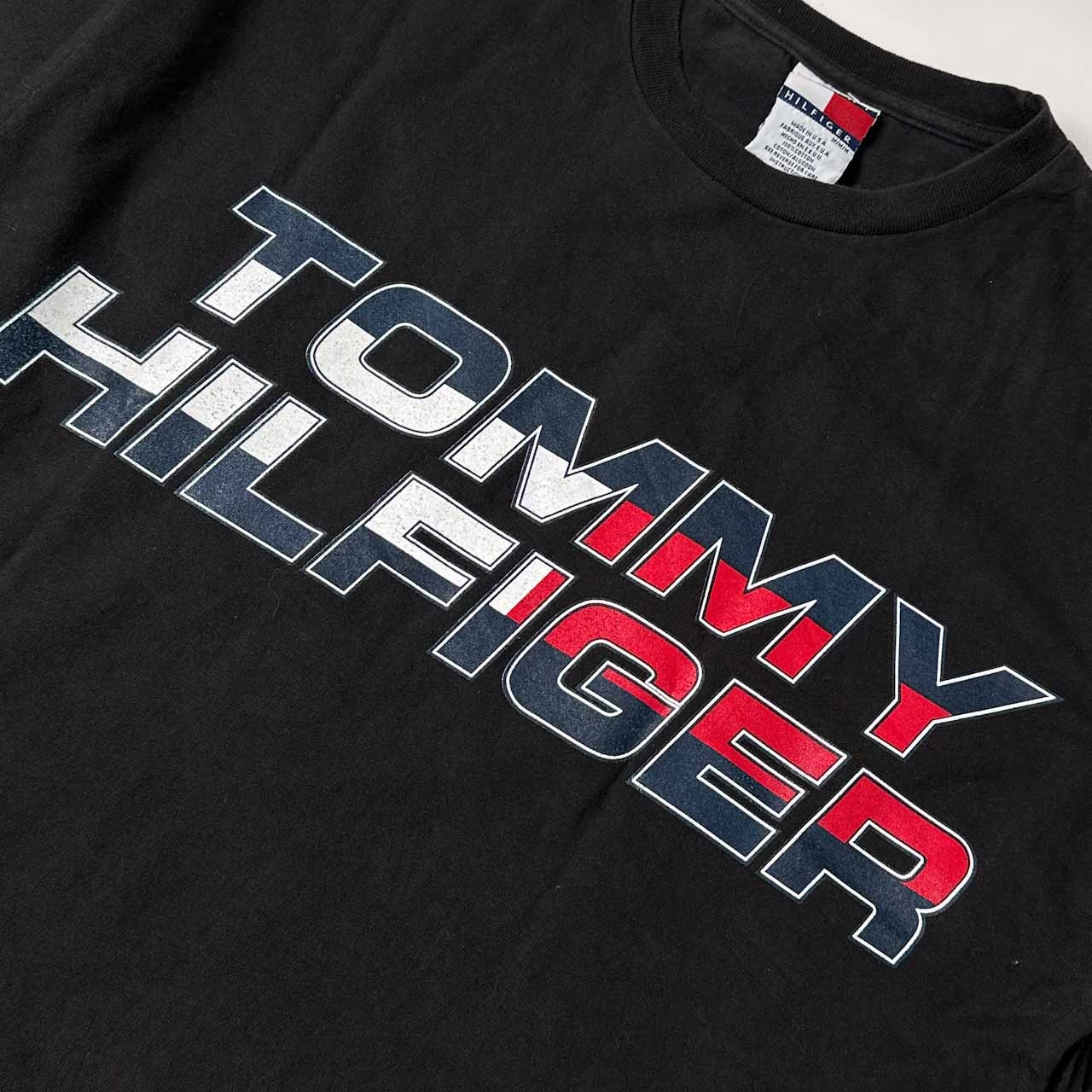 90s USA製 TOMMY HILFIGER トミーヒルフィガー ロゴデザイン 半袖 Tシャツ M/ブラック メンズ ビンテージ