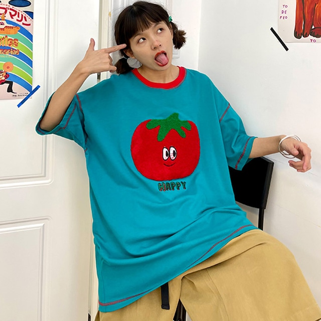 【PMFIVEEシリーズ】★Tシャツ★ 2color トップス 果物  りんご 男女兼用 メンズ M L おしゃれ 配色