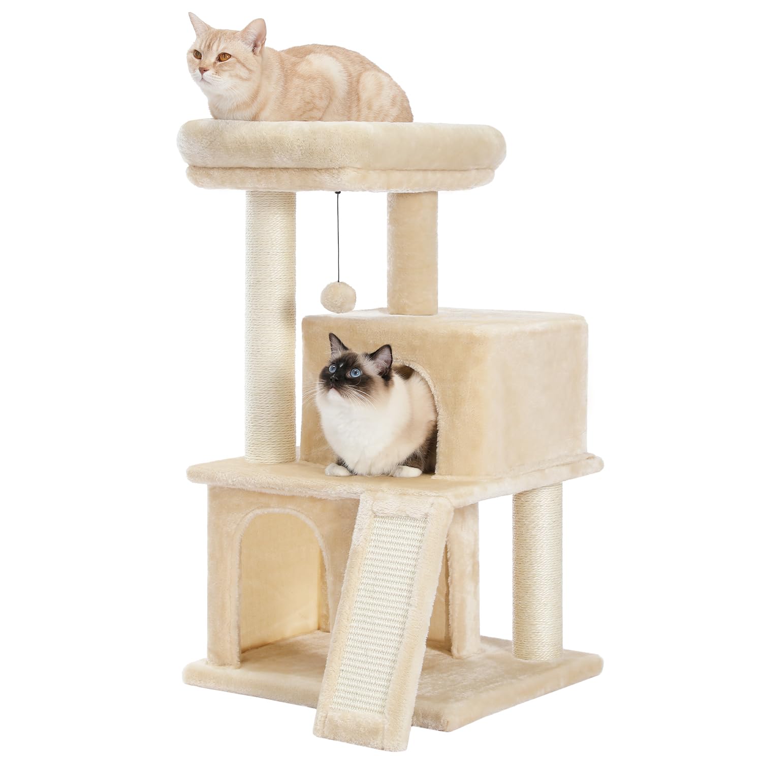 PAWZ Road キャットタワー 低い シニア 短足 子猫 スリム ミニ 小型 猫タワー 2段ベッド コンパクト 省スペース 据え置き おもちゃ 多頭飼い 猫爪研ぎポール 麻紐スロープ 安定 - 高さ86cm ベージュ