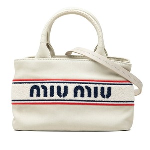 ミュウミュウ ロゴ ハンドバッグ ショルダーバッグ 2WAY ホワイト ブルー レッド キャンバス レディース MIUMIU 【中古】