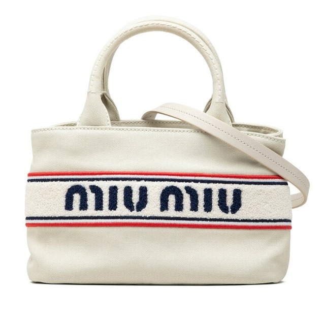 ミュウミュウ ロゴ ハンドバッグ ショルダーバッグ 2WAY ホワイト ブルー レッド キャンバス レディース MIUMIU 【中古】