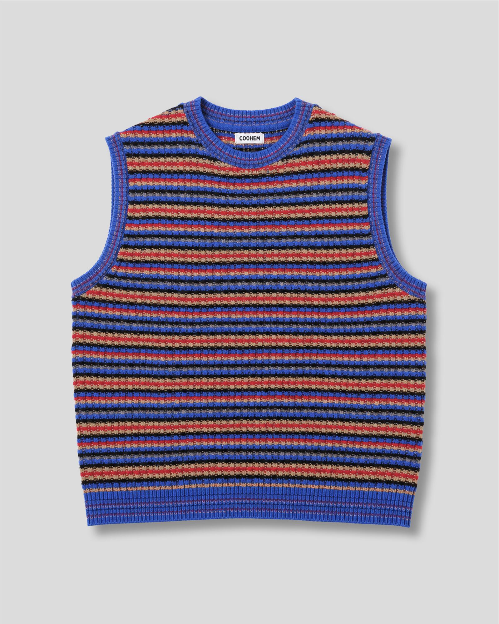 LAMBS COTTON BORDER KNIT VEST BLUE