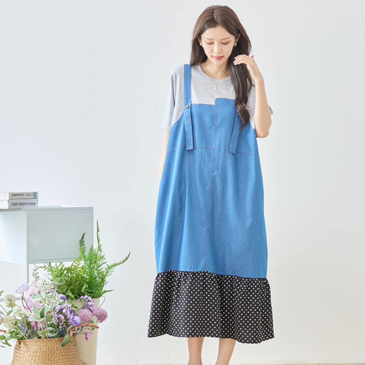 TRUBE デニム×ドット裾異素材切替サロペット風ドッキングワンピース【M~L】グレー