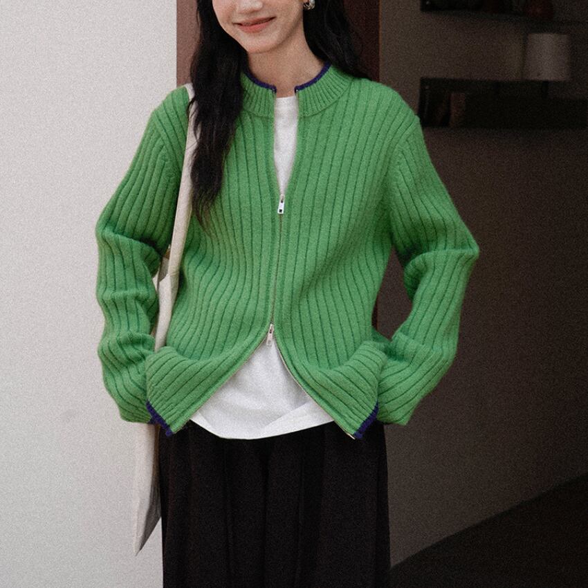 ribbed zip-up cardigan　J00150