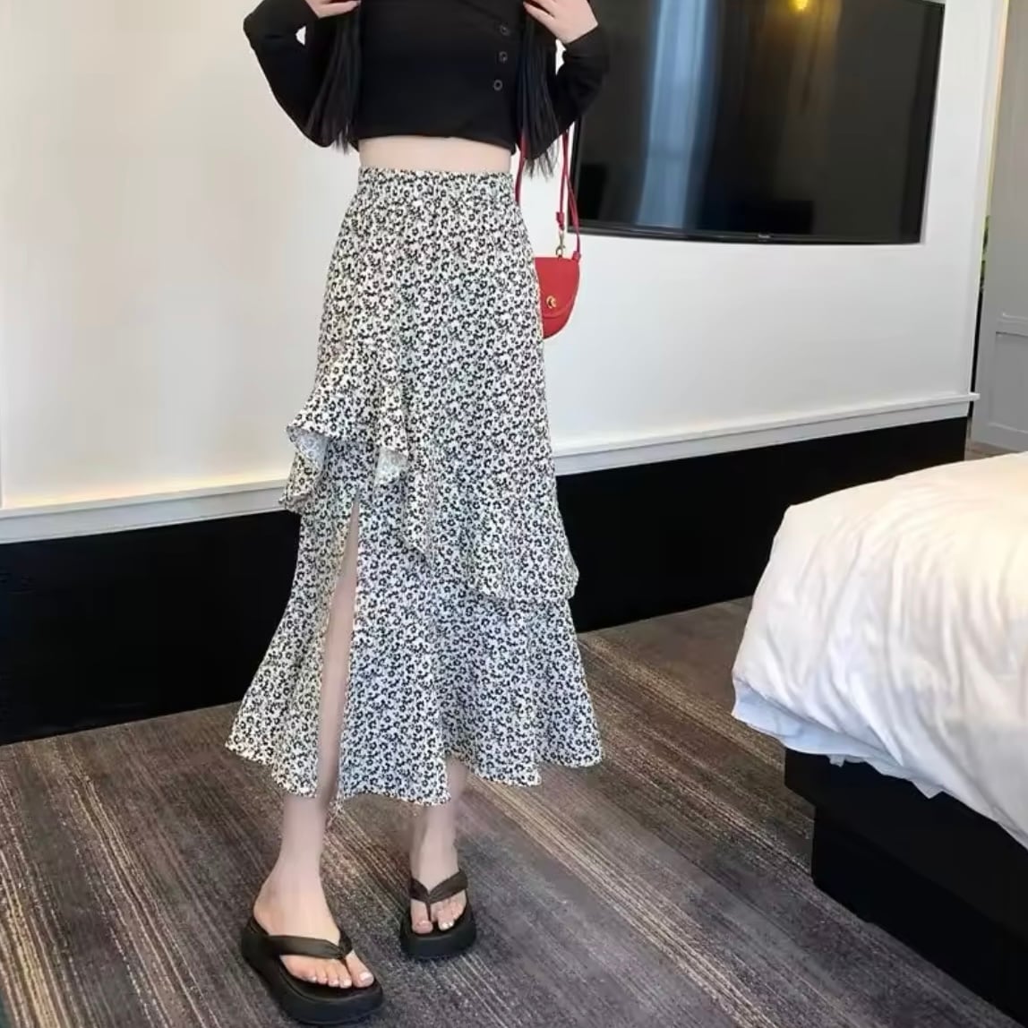 フリルフラワースリットスカート