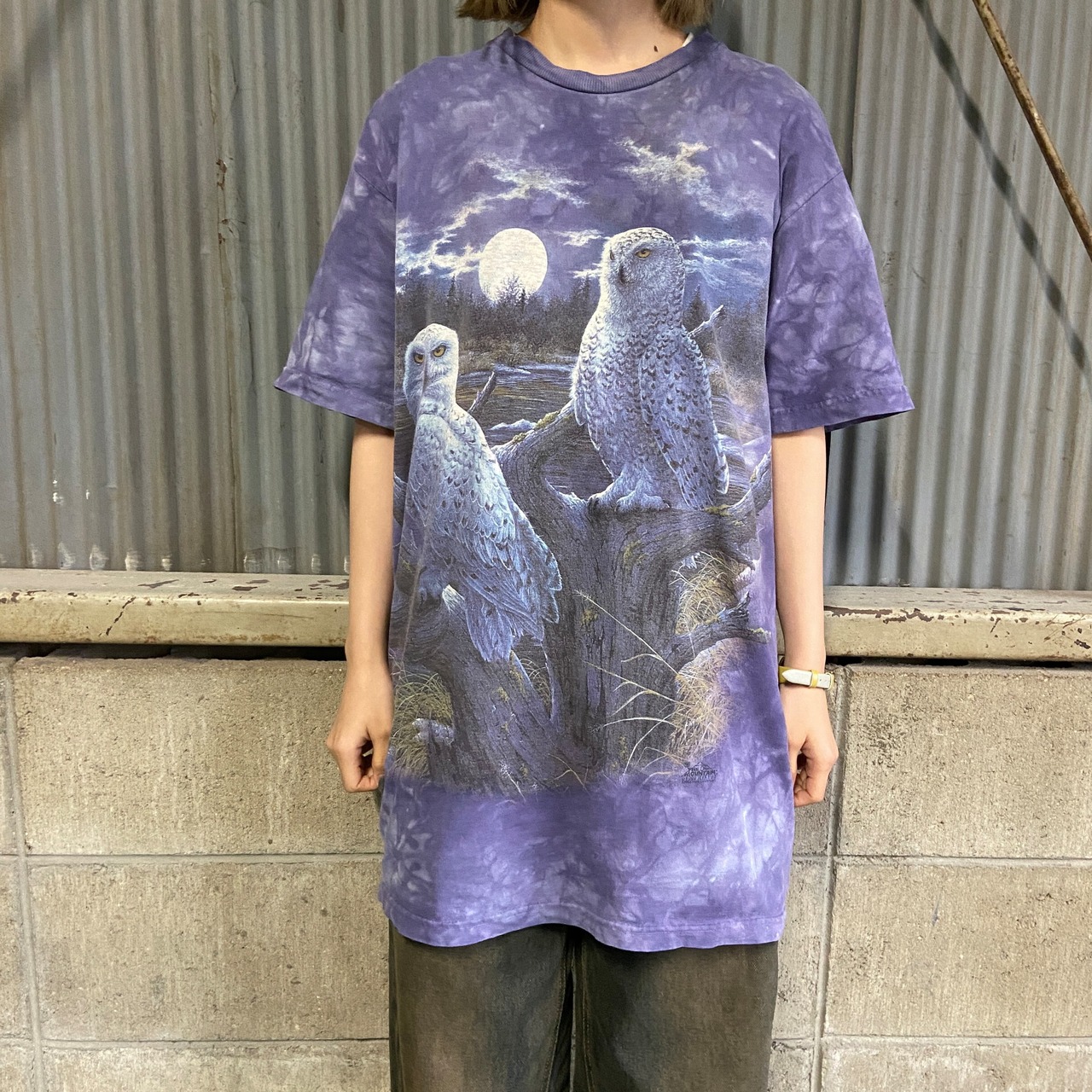90年代 THE MOUNTAIN タイダイ染め ふくろう アニマルプリントTシャツ 