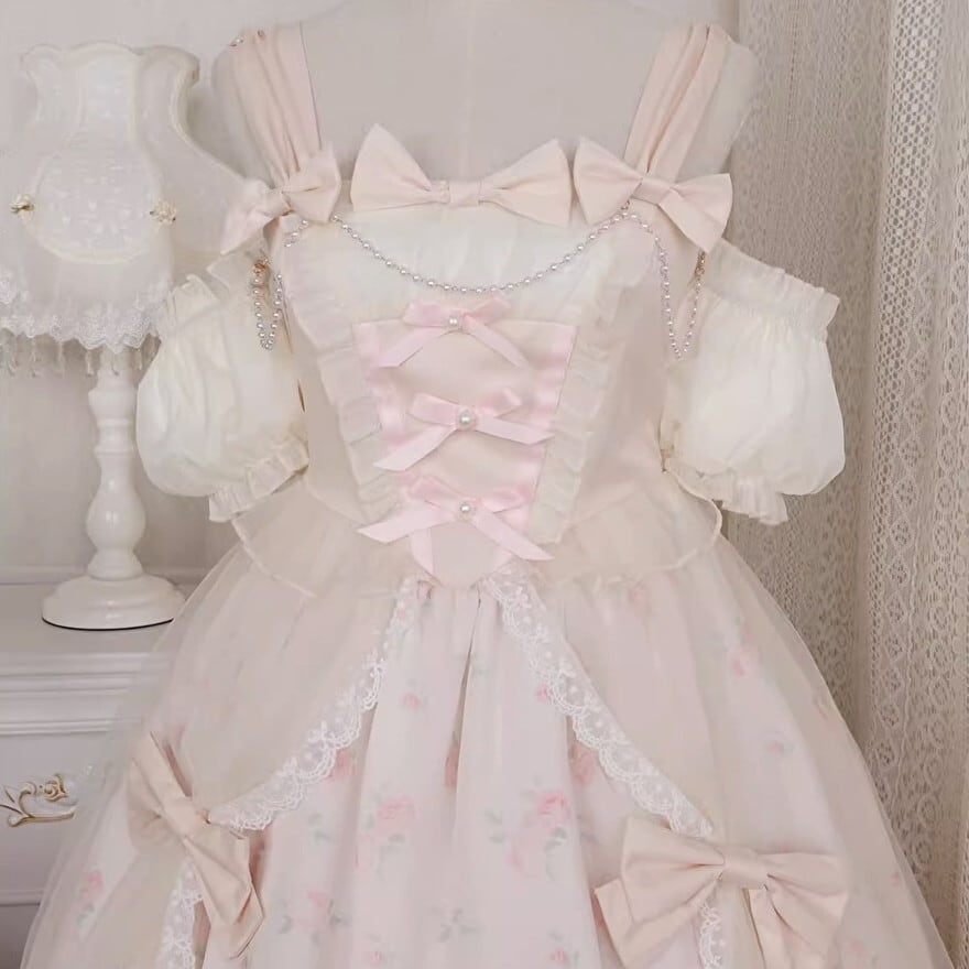 JSK レトロ クラシカル 花柄 ピンク ウエストリボン フリル ガーリー