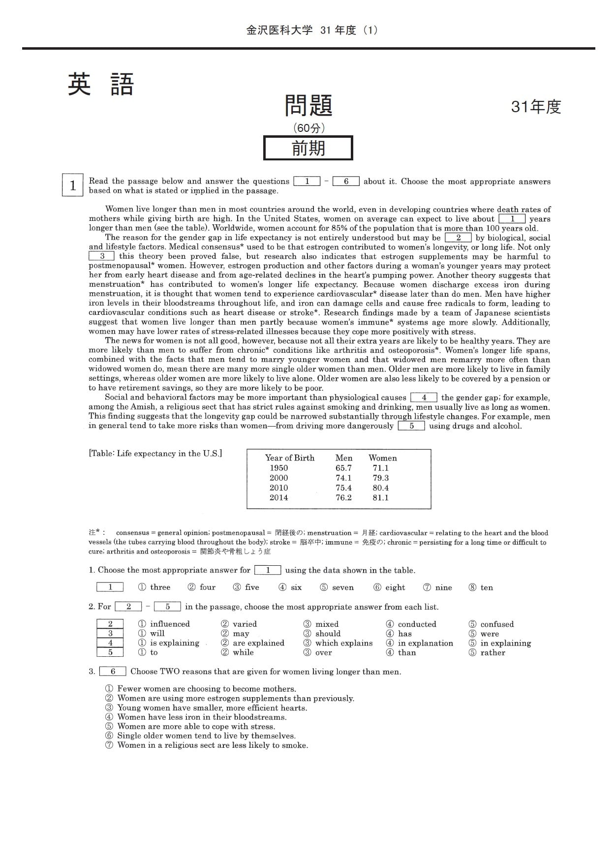 2024年度　私立医学部入試問題と解答　15.金沢医科大学