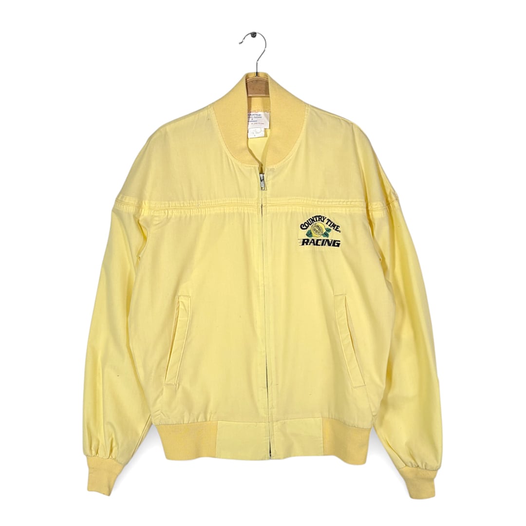 80s カントリータイム レモネード USA製 ヴィンテージ カップショルダージャケット 企業系 刺繍 イエロー ダービージャケット COUNTRY TIME LEMONADE RACING サイズM 古着 DZ0816