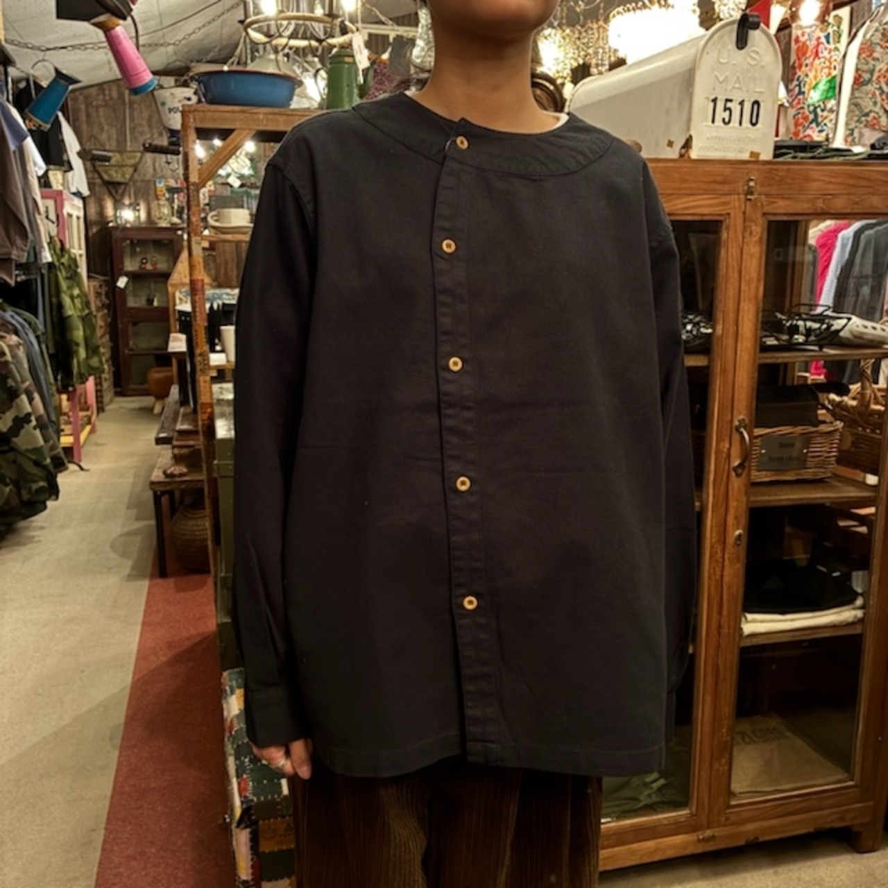 France type Farmer's shirt　フランスタイプ　ファーマーズシャツ　リネン　ロングスリーブ　ブラック染　クロ　黒　ファッション　ユニセックス　軍物　フランス軍　ミリタリー　後染め