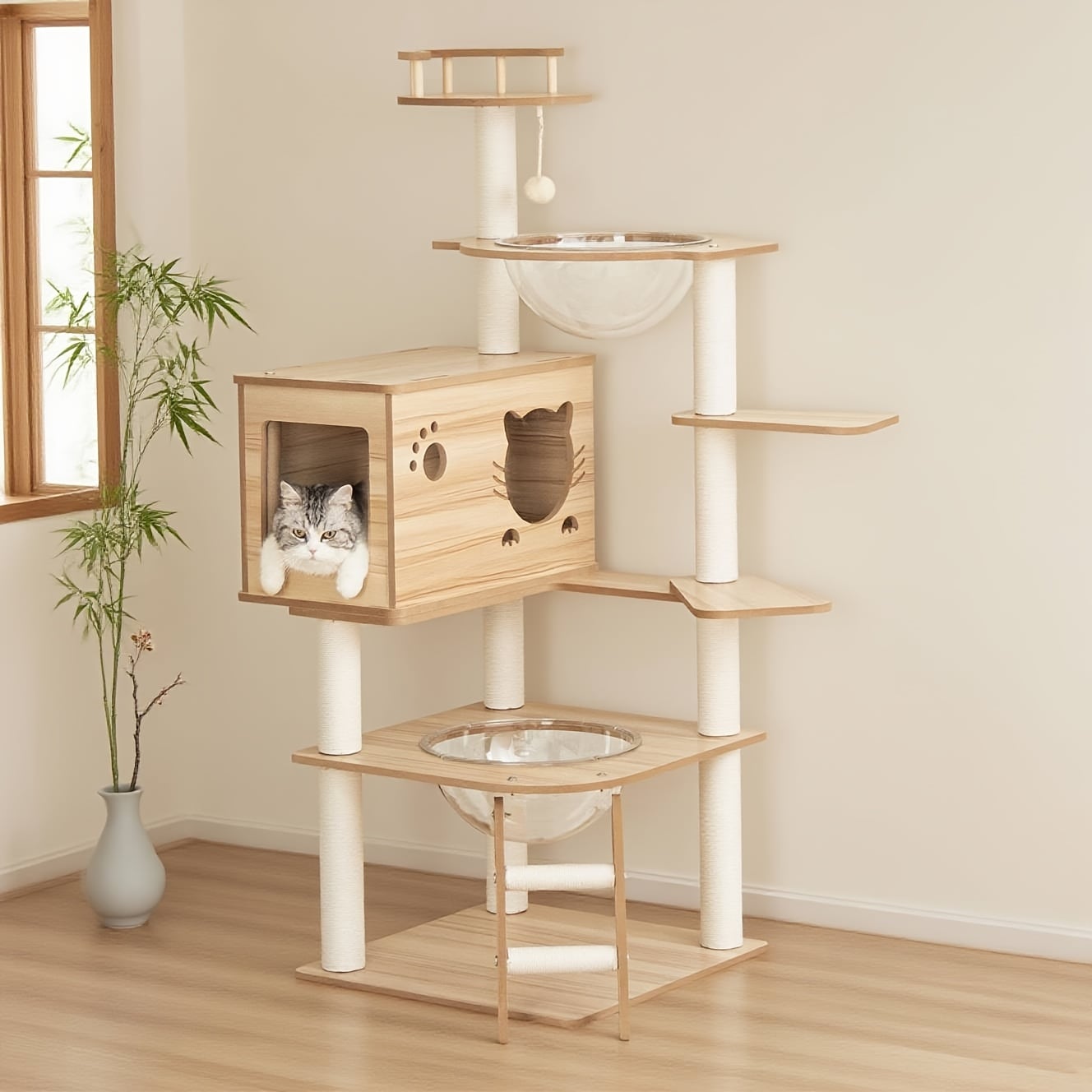 キャットタワー ホワイト 木製 多段 大型猫用 スリム 固定式