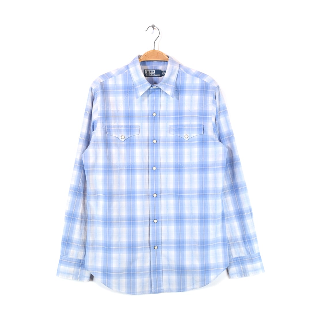 90s ラルフローレン オンブレーチェック ウエスタンシャツ ライトブルー ボタンダウン 長袖シャツ RALPH LAUREN サイズS 古着 @CA1367