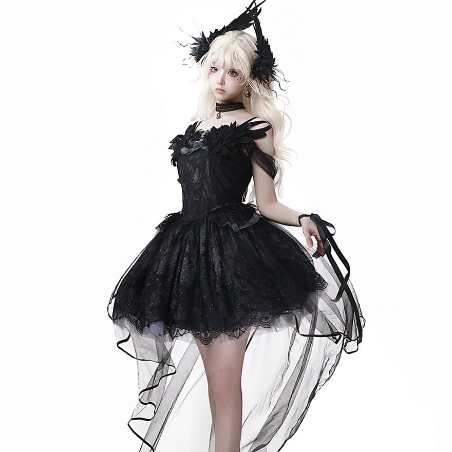 ゴスロリ ワンピース スワン×フェザー×ヘッドドレス付き 黒｜WithU