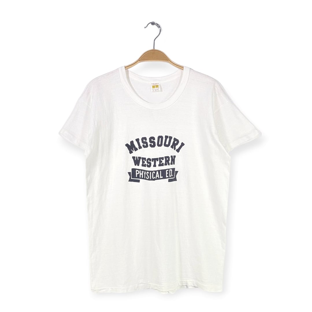 70s ラッセルアスレティック USA製 ヴィンテージTシャツ 金タグ カレッジ PE ホワイト シングルステッチ RUSSELL MISSOURI WESTERN メンズL相当 古着 @BZ0453