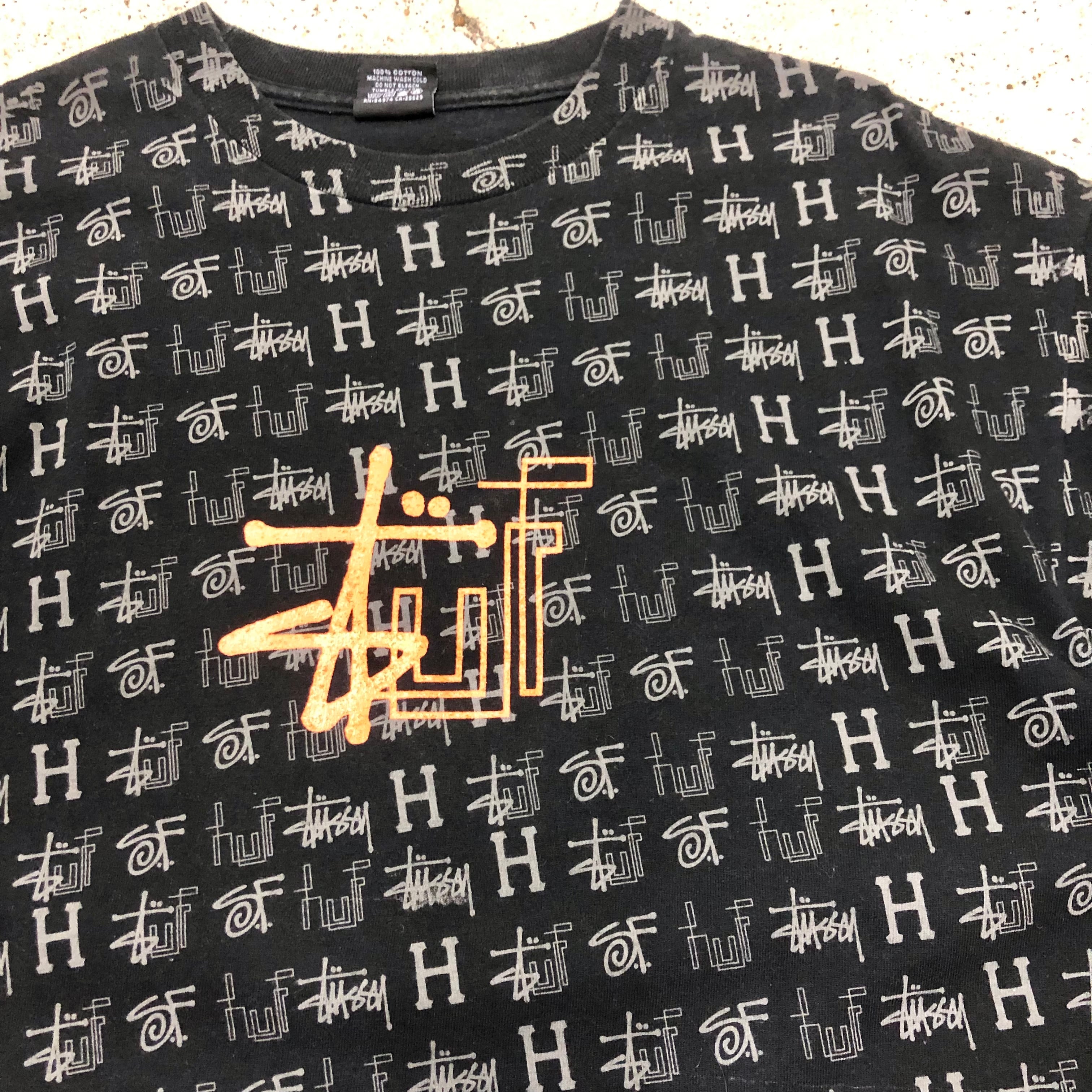 00s OLD STUSSY× HUF/Logo print Tee/L/ロゴプリントTシャツ/ブラック