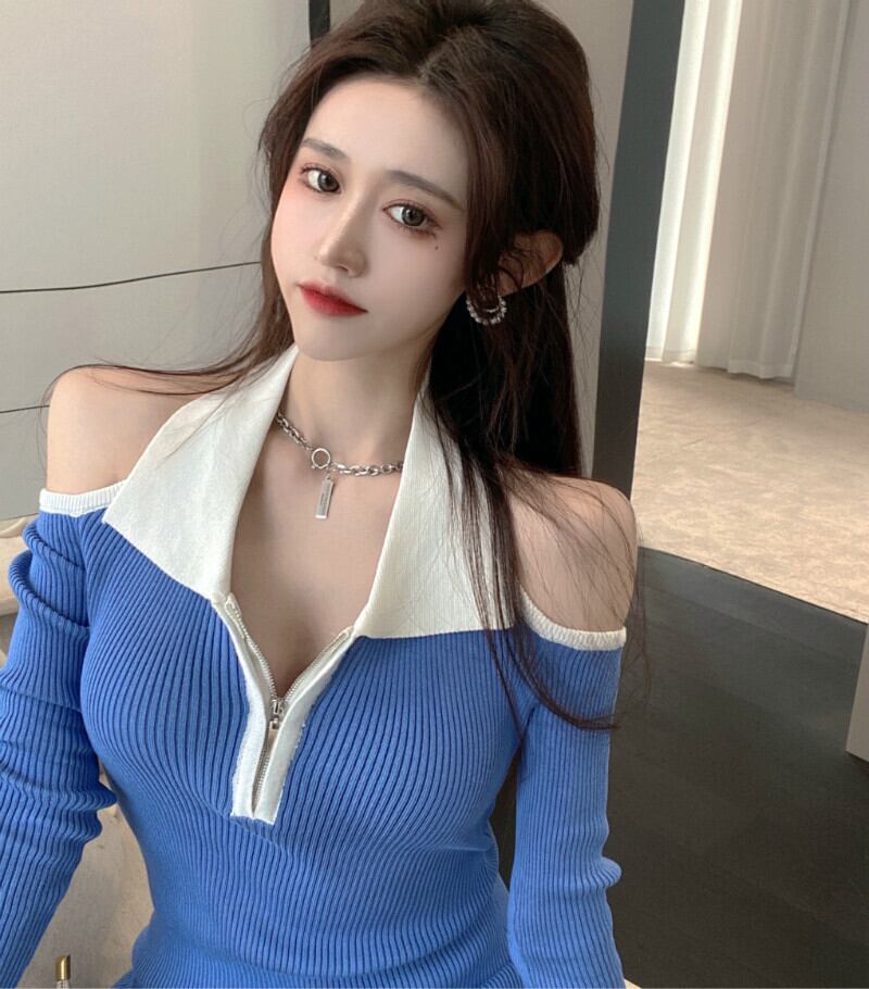 ニットドレス ウェストスリムショートスカート スプリング ロング 春物 オフショルダー ブラックストロベリース73752185136