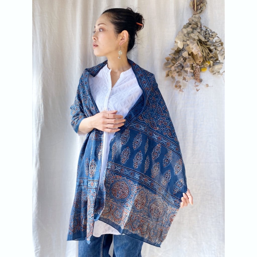 Ajrakh hand-blockprinted cotton stole アジラック コットン ハンド
