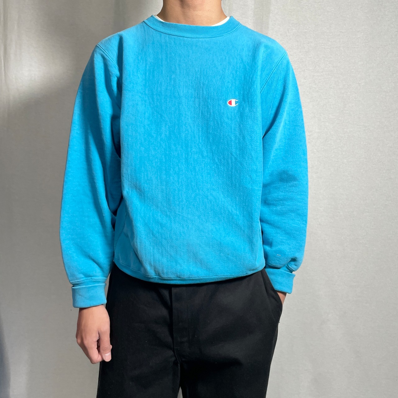 チャンピオンリバースウィーブ1990年代 刺繍タグ無字 アメリカ製 ブルー 90年代 USA製 Champion チャンピオン REVERSE  WEAVE リバースウィーブ 刺繍タグ ワンポイントロゴ スウェットシャツ メンズM 古着 90s VINTAGE ヴィンテージ アメカジ スウェット  トレーナー ライト ... 90s チャンピオン リバースウィーブ スウェット ワンポイント刺繍