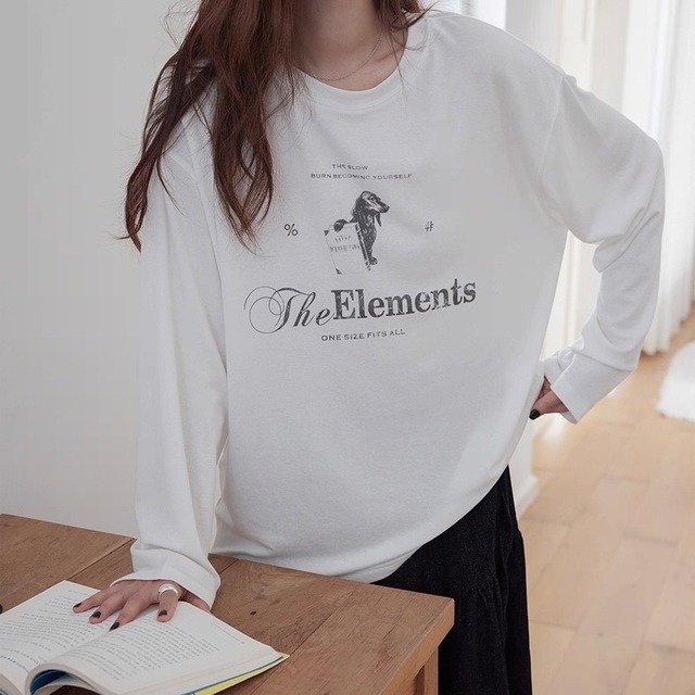 プリント 長袖 ヒップ丈 ドロップショルダー Tシャツ　◆3col  SA10074