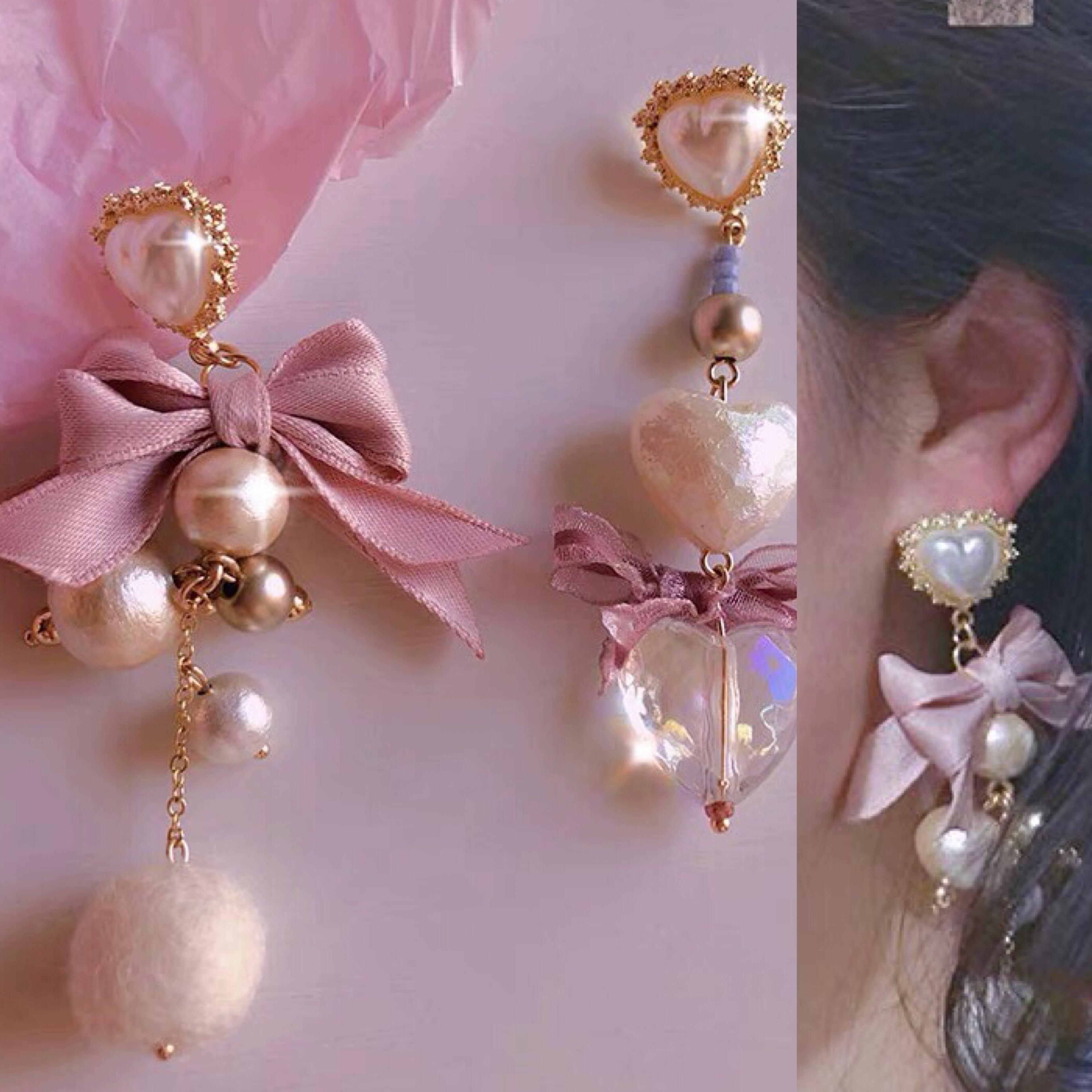 イヤリングあり】ピアス アクセサリー リボン ゆらゆら ビーズ 