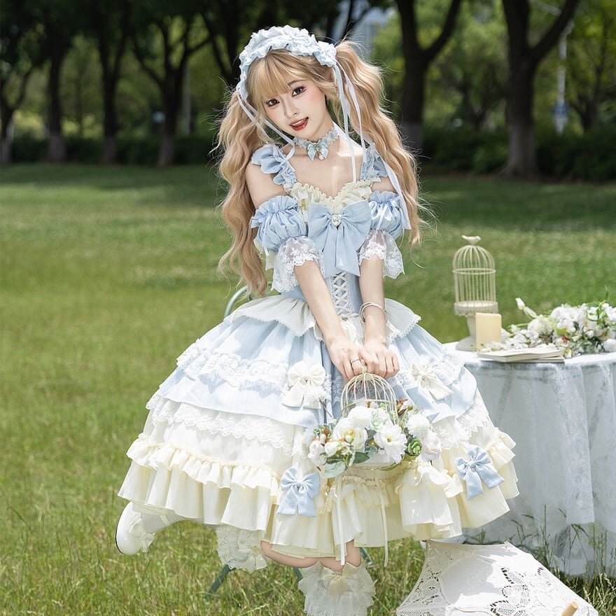 ゴスロリ・ロリータドレス 甘ロリ クラシカル JSKチェック 多段フリル リボン ロリータファッション 甘ロリ 水色×生成りリボン多段フリルJSKセット