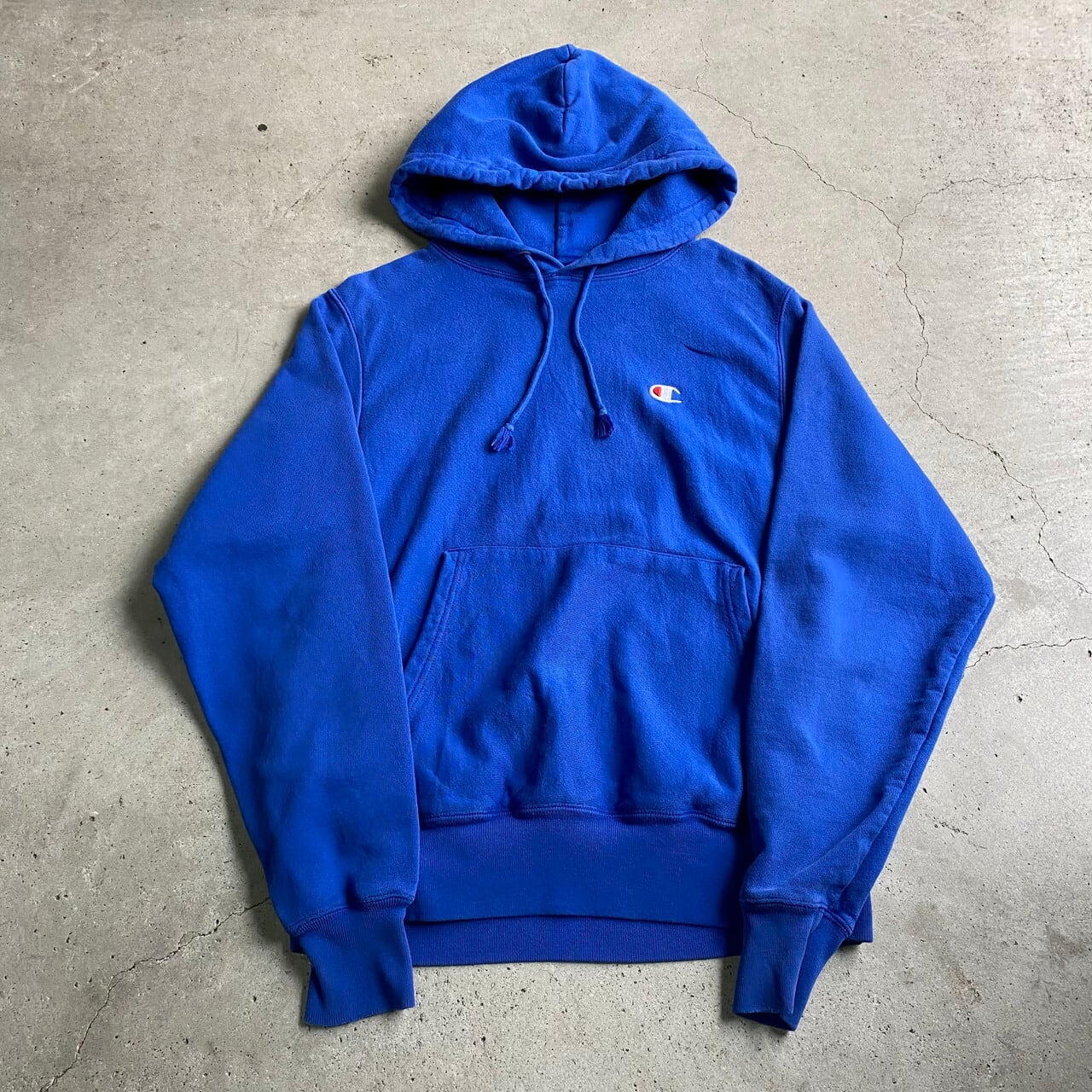 Champion チャンピオン ワンポイントロゴ刺繍 リバースウィーブ スウェットパーカーメンズl 古着 単色タグ Reverse Weave トレーナー ブルー 青色 パーカー Sa24 Cave 古着屋 公式 古着通販サイト