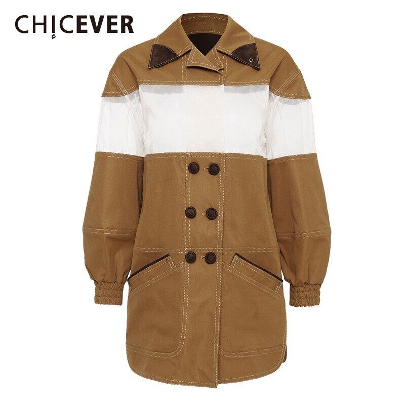 CHICEVERコートレディースラペルランタン長袖ポケットパッチワークヒットカラーシックなスタイルルーズジャケット2021秋 ロング 6base51767288897