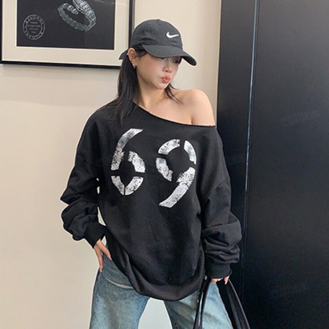 ★予約★D-933　2026新作♡69かすれロゴオフショルダー長袖Tシャツ　ブラック