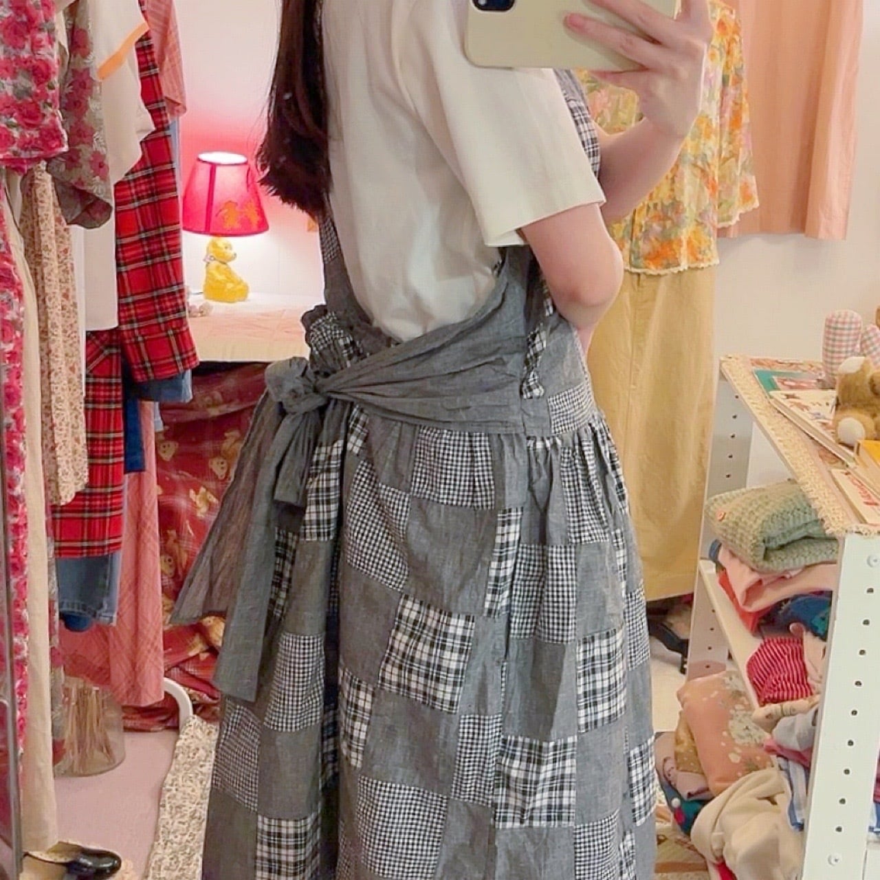 patchwork check apron one-piece