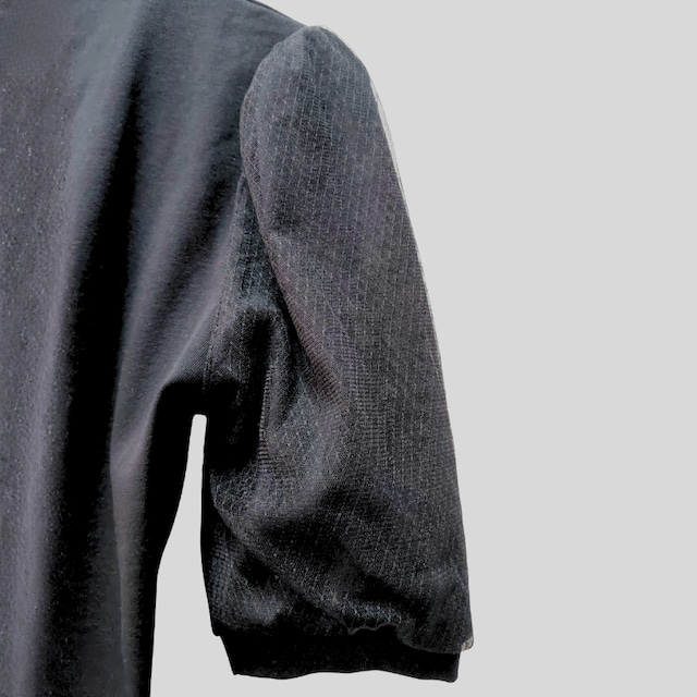 モックネック シースルーパフスリーブ スリムフィット トップス 2col D00489