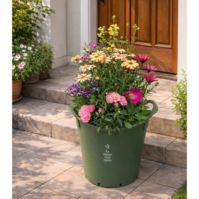 季節の寄せ植え  La nature ハンドリーポット 内径24cm  （グリーン・4色展開）６〜7種類のお花で構成 鉢植え ラッピング不可 ギフトメッセージOK