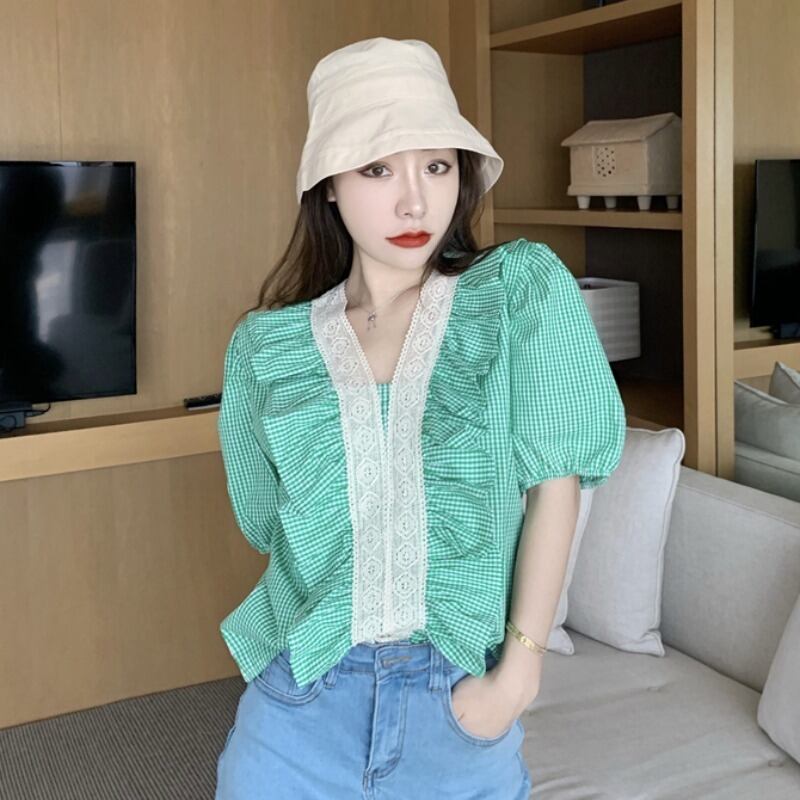 サマースタイルスタンダードVネックスリーブ格子柄シャツ トップス レディース レトロ 夏物 ハンチェンe21781570534