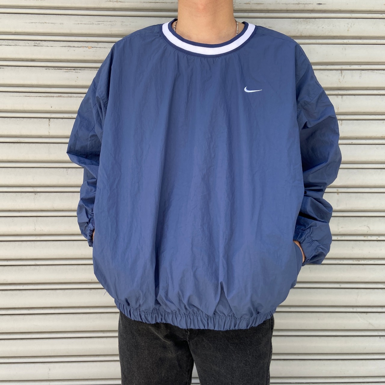 90s NIKE ナイキ ナイロンプルオーバー ピステ スウォッシュ 紺 XL