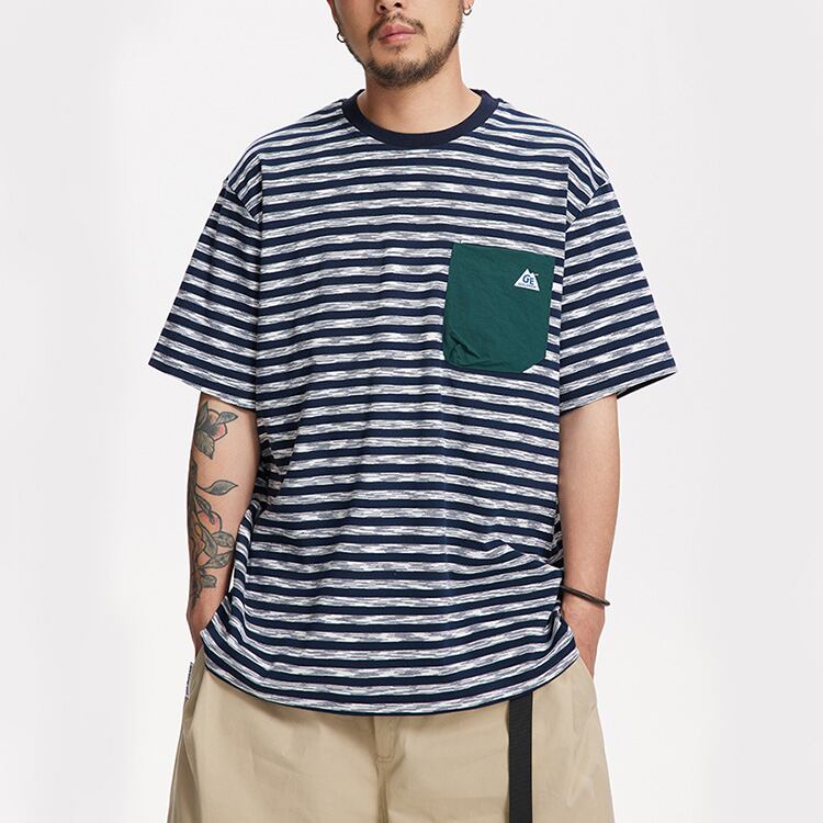 ★COLLAR POCKET ROUND NECK STRIPED T　　　A0637