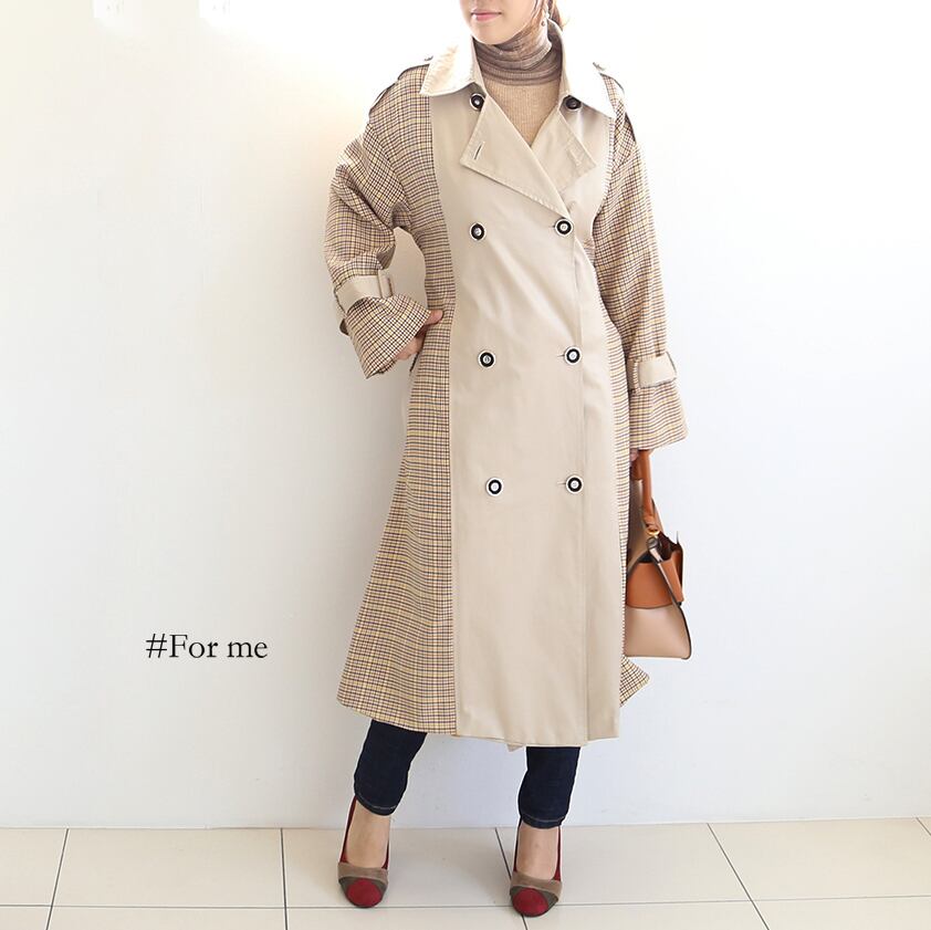 サイドがチェック柄のロングコート_g0031808044