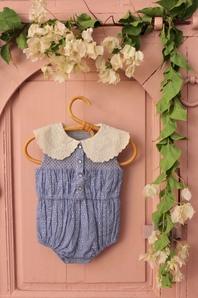 Bonjour Diary / Baby Romper - Blue English Embroidery