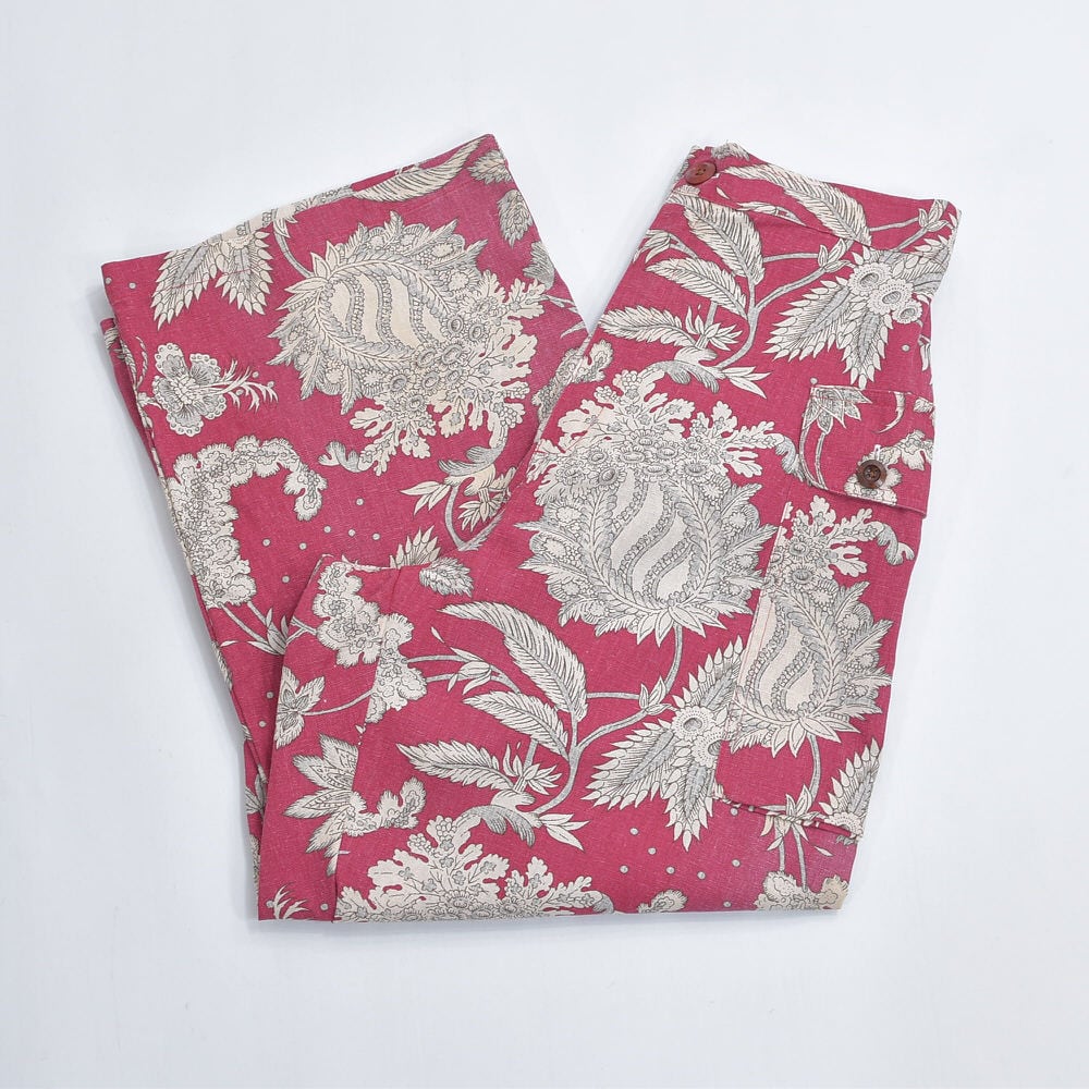 Remake リメイク ハンドメイド アンティーク調 ボタニカル柄 ルーズシルエット カーゴパンツ レトロ ヴィンテージ  テキスタイル 再構築 総柄 古着 W70~90cm