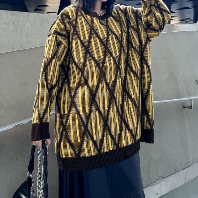 長袖 オーバーサイズ 総柄 ニット 3color PU0461