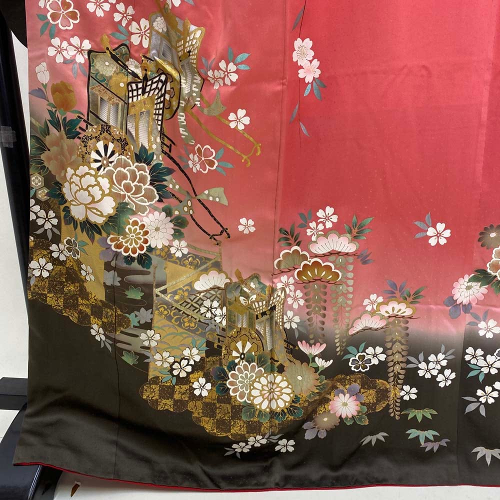 振袖 中古 ピンク 黒 正絹 古典 裄67cm 身丈171.5cm 美品 L サイズ