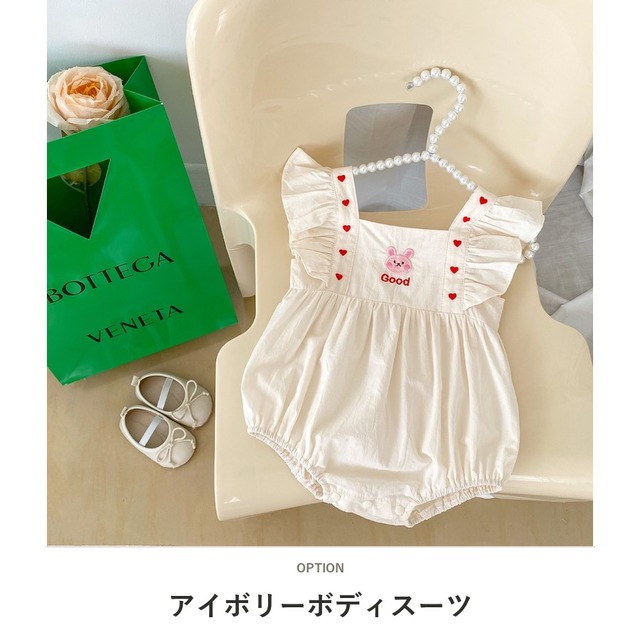 【BABY】うさぎ刺繍ハートフリル袖スクエアネックロンパース - 2