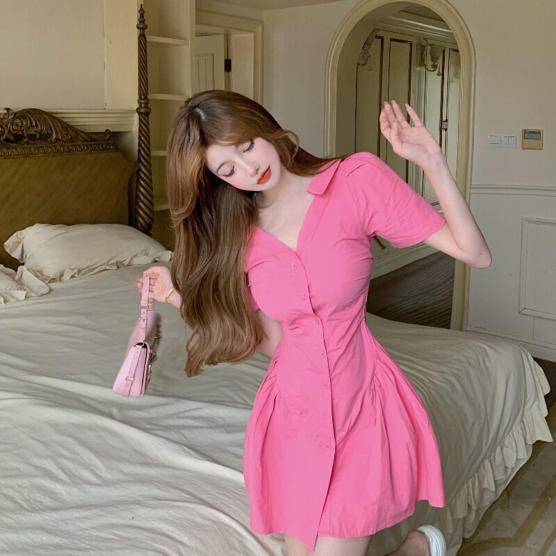 シャツ ドレス カラーレッドウェストショートスカート サマー 夏物 ブラックストロベリース52995850277