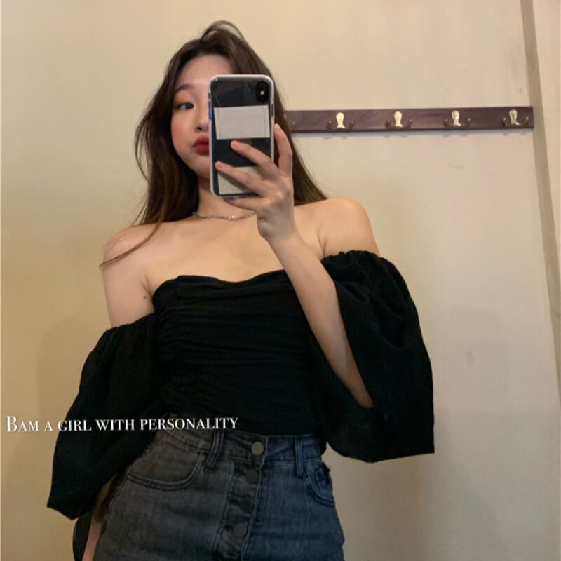 黒のワンショルダーフレアスリーブシャツ女性夏のセクシーなオフショルダー慎重なマシンシャツ2020新しいクロップトップ ブラックストロベリース60909138613