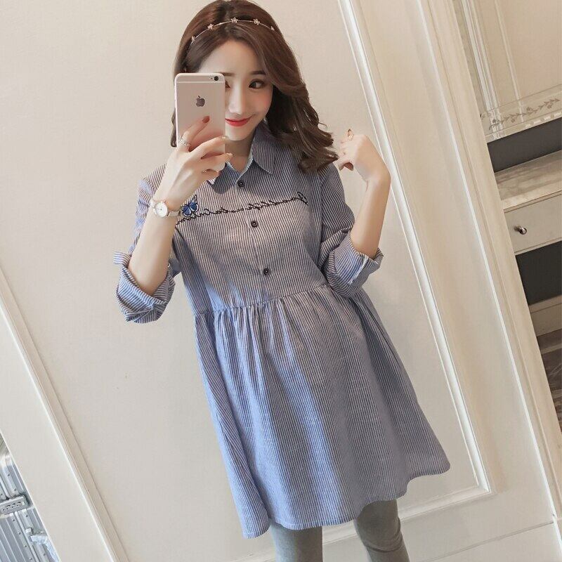 【新作】【送料無料】 2823＃マタニティ服春秋綿長袖刺繍シャツゆったりとしたスタイリッシュなドレス妊婦ママドレス ロング コットン スプリング 春物 オータム 秋物 AL expec383973449450
