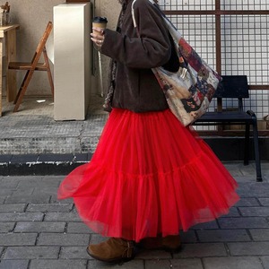 red tulle tiered skirt＜sk1523＞