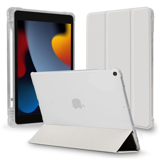 MS factory iPad 9世代 ケース 第9世代 第8世代 第7世代 用 アイパッド 10.2 カバー 耐衝撃 ペン収納 軽量 衝撃吸収 半透明 オートスリープ スタンド ライト グレー IPD-7-S-CLH-LGY