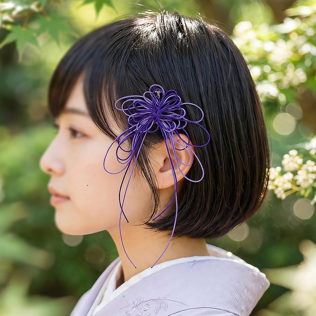 飾り結びヘアピン「憂ひ、ふくら」（濃紫×淡紫）【軽量快適】ショートヘアも簡単和風アレンジ。